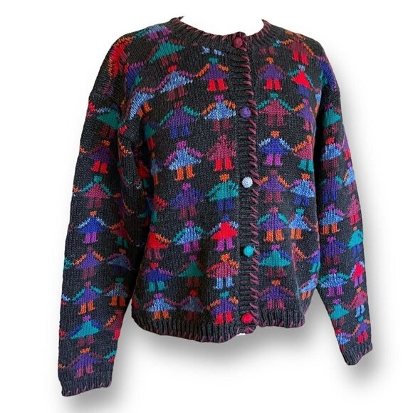 Cullinane Womens Cardigan Vintage 1980s Sz M Charcoal Gray Friends Holding Hands - Picture 1 of 7